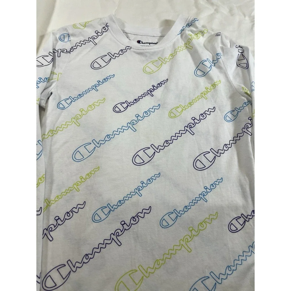 Champion Shirt Boys L White Graphic Spellout Logo AOP Long‎ Sleeve Youth Kids